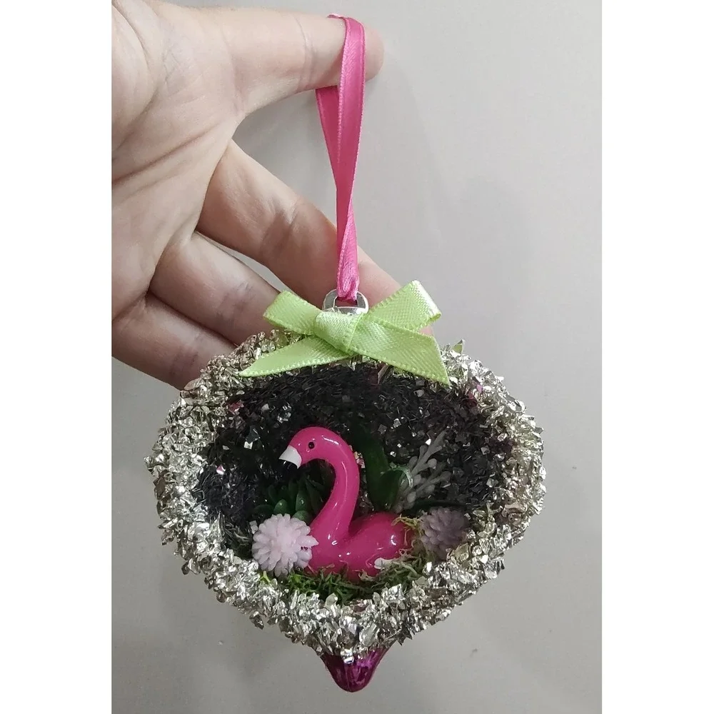 Flamingo Christmas Ornament Handmade Vtg Style OOAK Shatterproof Diorama O9